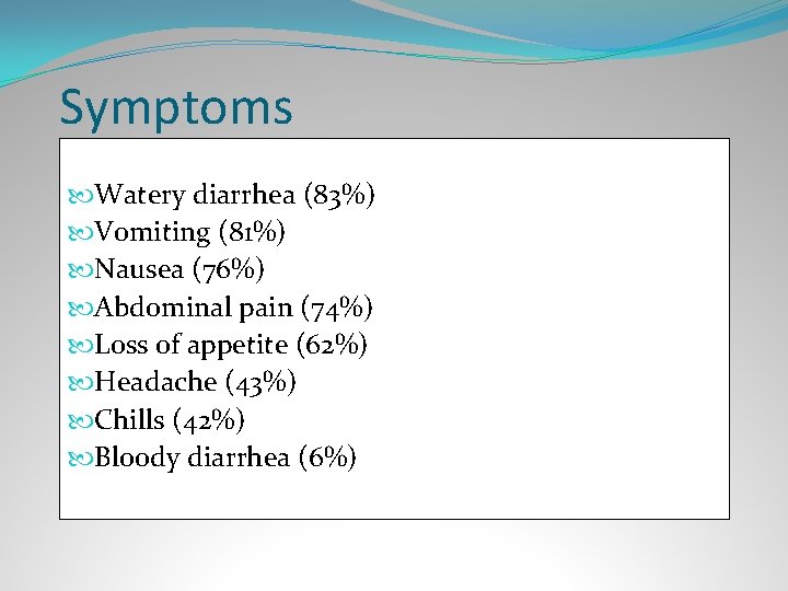 Symptoms Watery diarrhea (83%) Vomiting (81%) Nausea (76%) Abdominal pain (74%) Loss of appetite