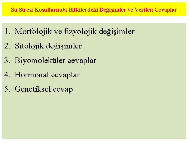 Su Stresi Koşullarında Bitkilerdeki Değişimler ve Verilen Cevaplar 1. Morfolojik ve fizyolojik değişimler 2.