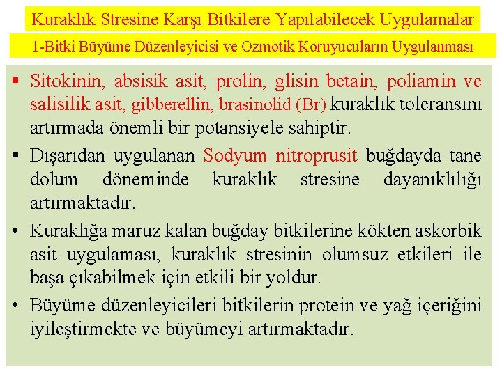 Kuraklık Stresine Karşı Bitkilere Yapılabilecek Uygulamalar 1 -Bitki Büyüme Düzenleyicisi ve Ozmotik Koruyucuların Uygulanması