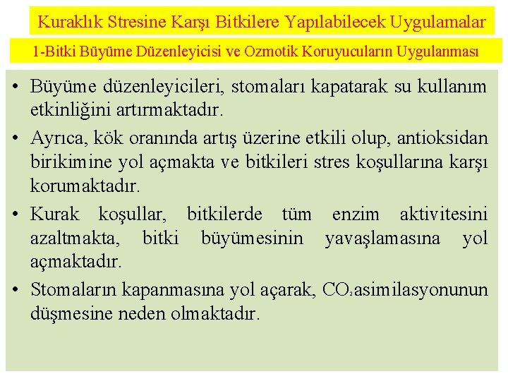 Kuraklık Stresine Karşı Bitkilere Yapılabilecek Uygulamalar 1 -Bitki Büyüme Düzenleyicisi ve Ozmotik Koruyucuların Uygulanması