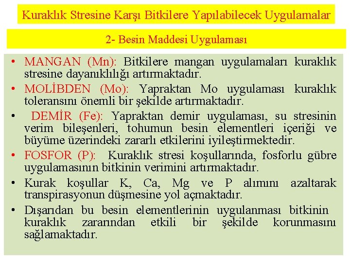 Kuraklık Stresine Karşı Bitkilere Yapılabilecek Uygulamalar 2 - Besin Maddesi Uygulaması • MANGAN (Mn):