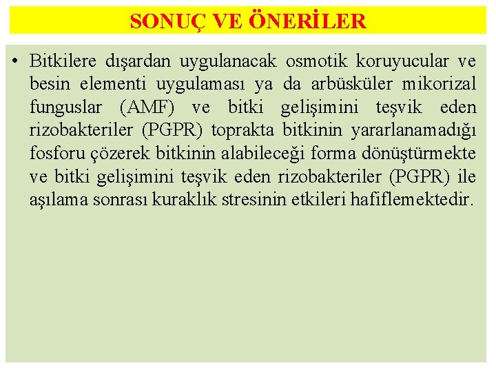 SONUÇ VE ÖNERİLER • Bitkilere dışardan uygulanacak osmotik koruyucular ve besin elementi uygulaması ya