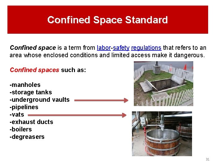 Confined Space Standard Confined space is a term from labor-safety regulations that refers to