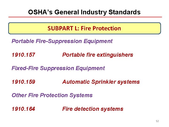 OSHA’s General Industry Standards SUBPART L: Fire Protection Portable Fire-Suppression Equipment 1910. 157 Portable