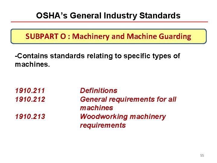 OSHA’s General Industry Standards SUBPART O : Machinery and Machine Guarding -Contains standards relating OSHA’s General Industry Standards SUBPART O : Machinery and Machine Guarding -Contains standards relating