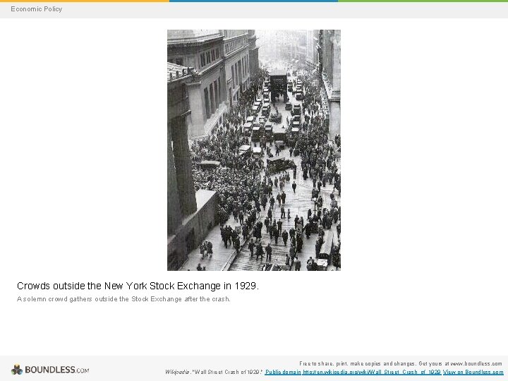 Economic Policy Crowds outside the New York Stock Exchange in 1929. A solemn crowd