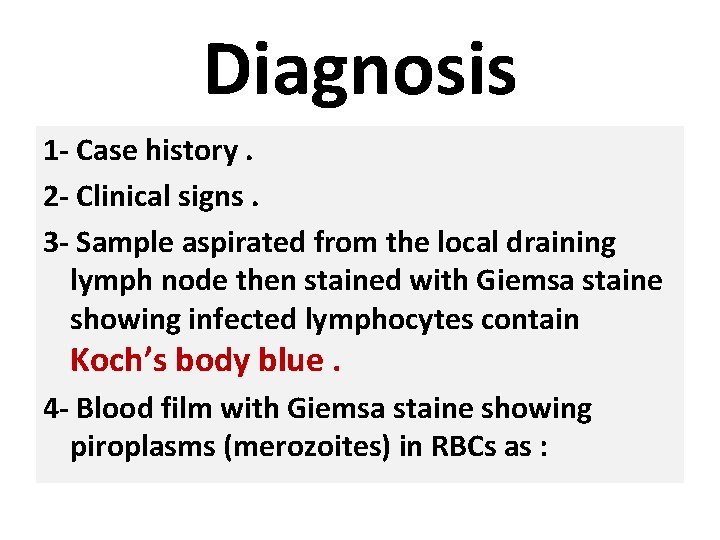 Diagnosis 1 - Case history. 2 - Clinical signs. 3 - Sample aspirated from