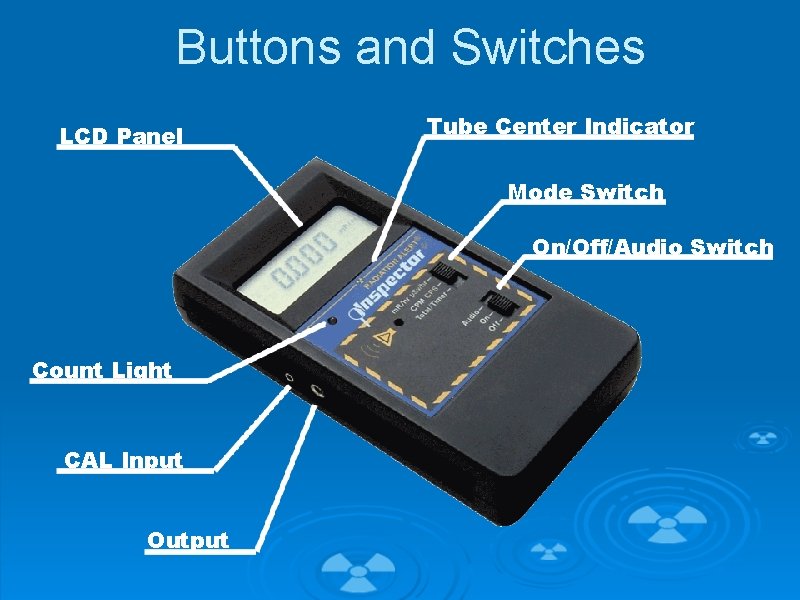 Buttons and Switches LCD Panel Tube Center Indicator Mode Switch On/Off/Audio Switch Count Light