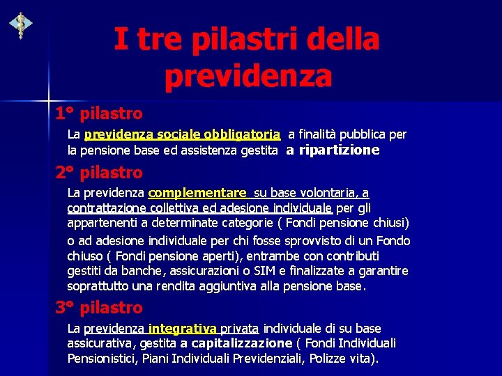 I tre pilastri della previdenza 1° pilastro La previdenza sociale obbligatoria a finalità pubblica