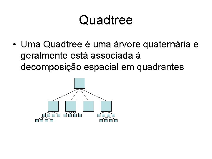 Quadtree • Uma Quadtree é uma árvore quaternária e geralmente está associada à decomposição