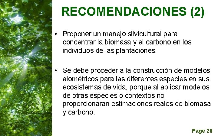 RECOMENDACIONES (2) • Proponer un manejo silvicultural para concentrar la biomasa y el carbono