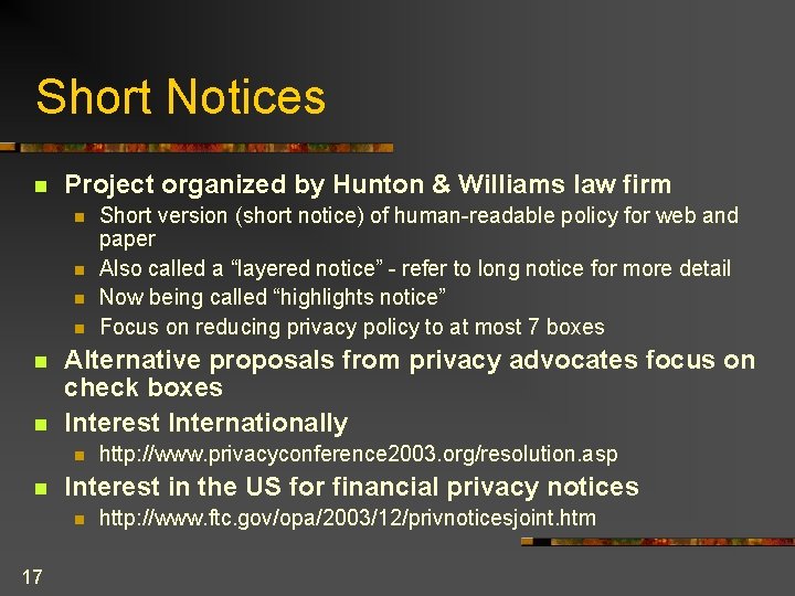 Short Notices n Project organized by Hunton & Williams law firm n n n