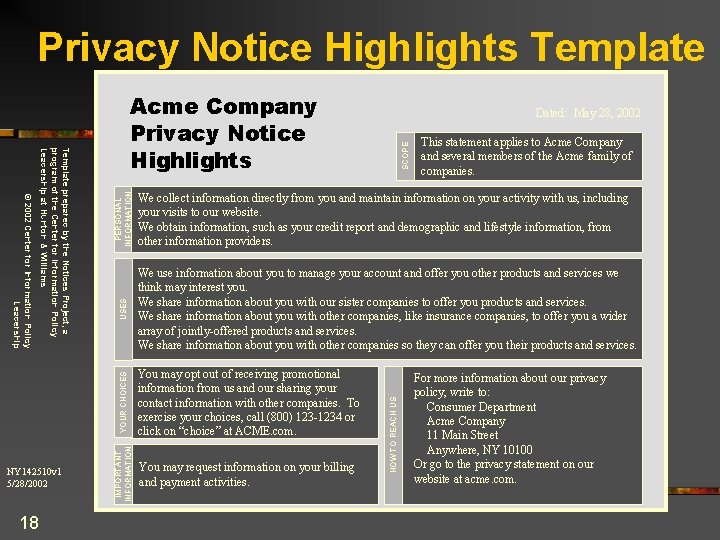 Privacy Notice Highlights Template 18 SCOPE This statement applies to Acme Company and several