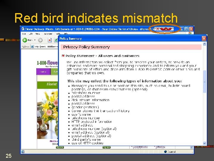 Red bird indicates mismatch 25 