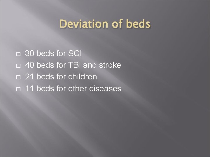 Deviation of beds 30 beds for SCI 40 beds for TBI and stroke 21