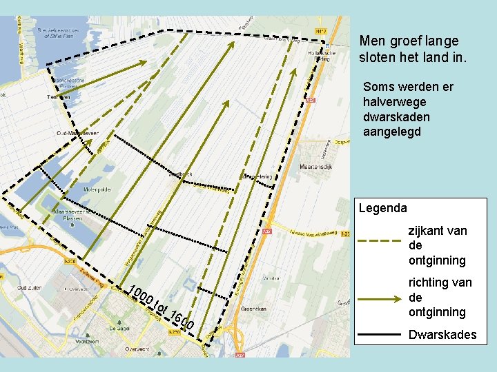 Men groef lange sloten het land in. Soms werden er halverwege dwarskaden aangelegd Legenda
