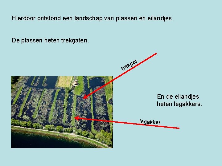 Hierdoor ontstond een landschap van plassen en eilandjes. De plassen heten trekgaten. t ga