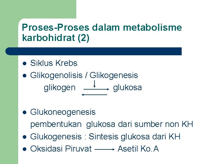Proses-Proses dalam metabolisme karbohidrat (2) l l l Siklus Krebs Glikogenolisis / Glikogenesis glikogen