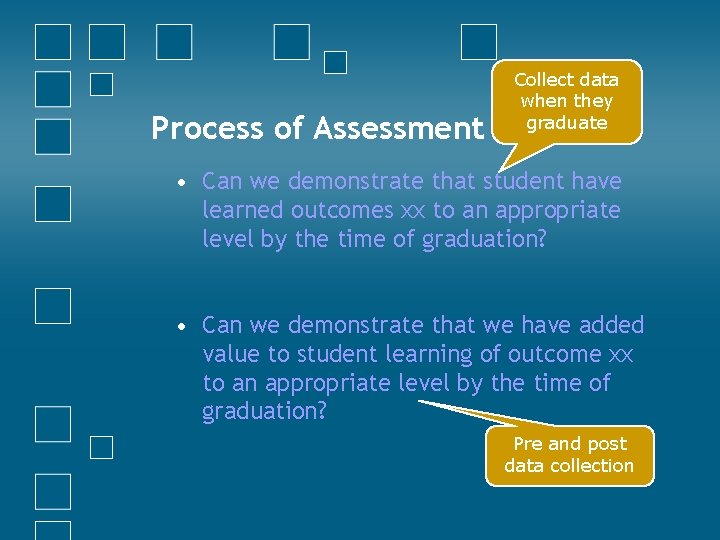 Process of Assessment Collect data when they graduate • Can we demonstrate that student