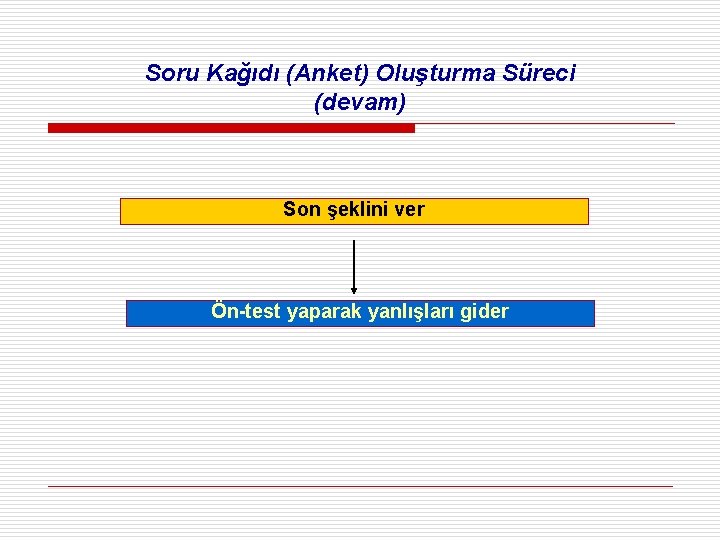 Soru Kağıdı (Anket) Oluşturma Süreci (devam) Son şeklini ver Ön-test yaparak yanlışları gider 