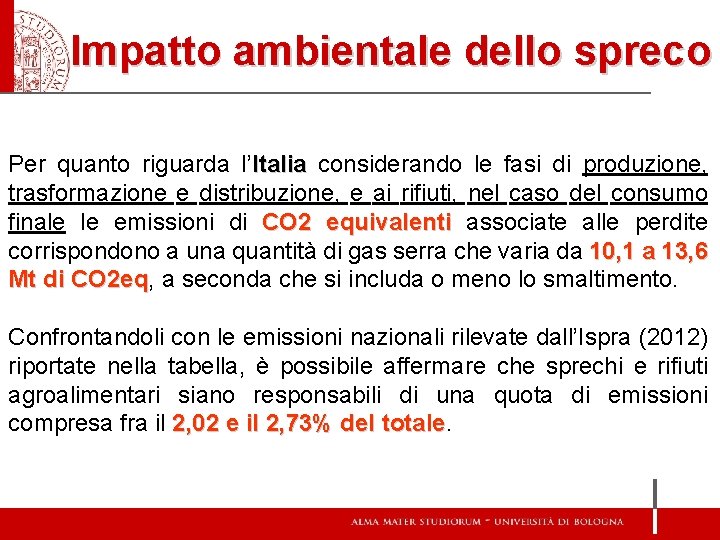Impatto ambientale dello spreco Per quanto riguarda l’Italia considerando le fasi di produzione, trasformazione