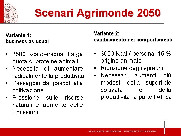 Scenari Agrimonde 2050 Variante 1: business as usual Variante 2: cambiamento nei comportamenti •