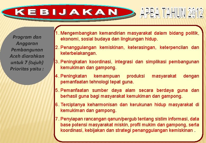 Program dan Anggaran Pembangunan Aceh diarahkan untuk 7 (tujuh) Prioritas yaitu : 1. Mengembangkan