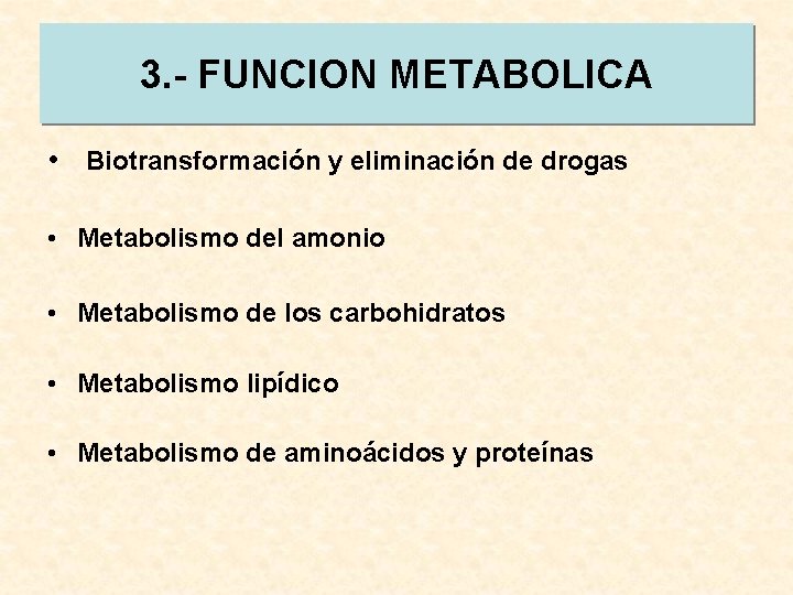 3. - FUNCION METABOLICA • Biotransformación y eliminación de drogas • Metabolismo del amonio