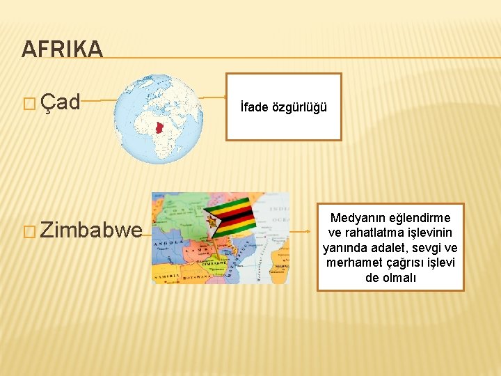 AFRIKA � Çad � Zimbabwe İfade özgürlüğü Medyanın eğlendirme ve rahatlatma işlevinin yanında adalet,