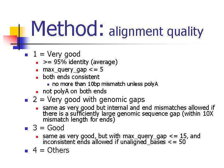 Method: alignment quality n 1 = Very good n n n >= 95% identity