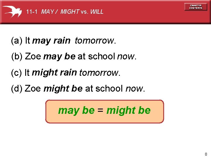 11 -1 MAY / MIGHT vs. WILL (a) It may rain tomorrow. (b) Zoe