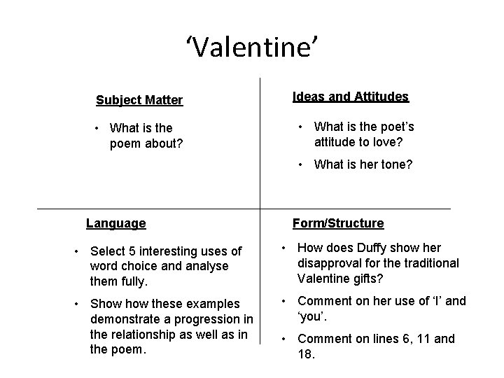 ‘Valentine’ Subject Matter • What is the poem about? Ideas and Attitudes • What