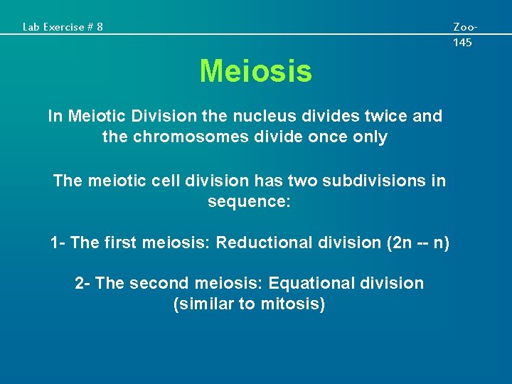 Lab Exercise # 8 Zoo 145 Meiosis In Meiotic Division the nucleus divides twice