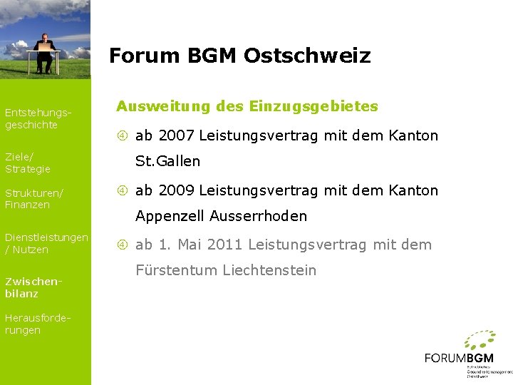 Forum BGM Ostschweiz Entstehungsgeschichte Ziele/ Strategie Strukturen/ Finanzen Dienstleistungen / Nutzen Zwischenbilanz Herausforderungen Ausweitung