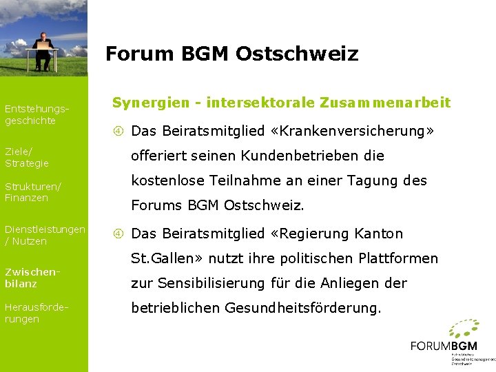 Forum BGM Ostschweiz Entstehungsgeschichte Ziele/ Strategie Strukturen/ Finanzen Dienstleistungen / Nutzen Synergien - intersektorale