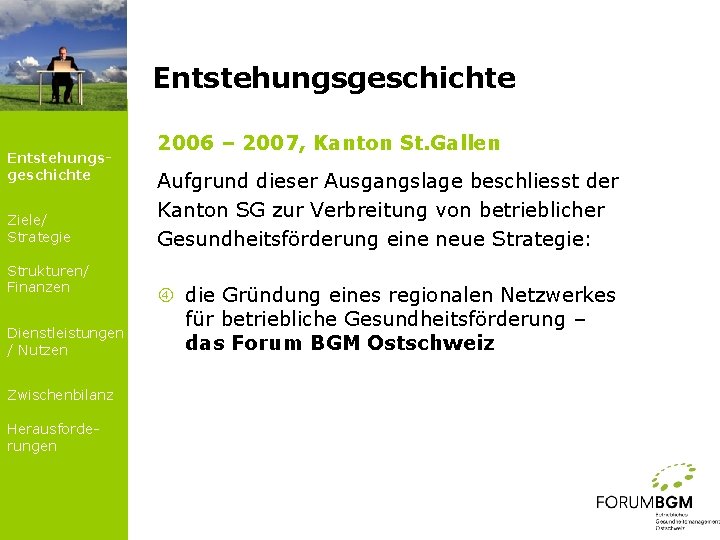 Entstehungsgeschichte Ziele/ Strategie Strukturen/ Finanzen Dienstleistungen / Nutzen Zwischenbilanz Herausforderungen 2006 – 2007, Kanton