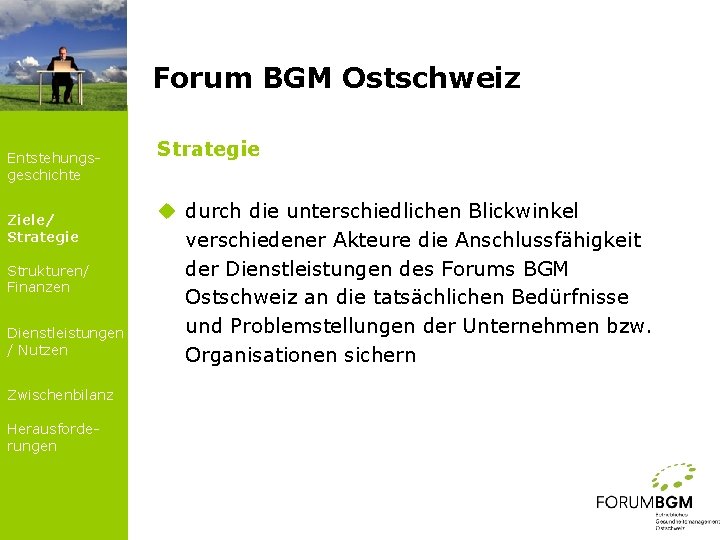 Forum BGM Ostschweiz Entstehungsgeschichte Ziele/ Strategie Strukturen/ Finanzen Dienstleistungen / Nutzen Zwischenbilanz Herausforderungen Strategie