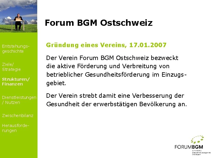 Forum BGM Ostschweiz Entstehungsgeschichte Ziele/ Strategie Strukturen/ Finanzen Dienstleistungen / Nutzen Zwischenbilanz Herausforderungen Gründung