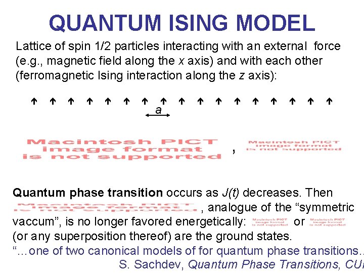 QUANTUM ISING MODEL Lattice of spin 1/2 particles interacting with an external force (e.