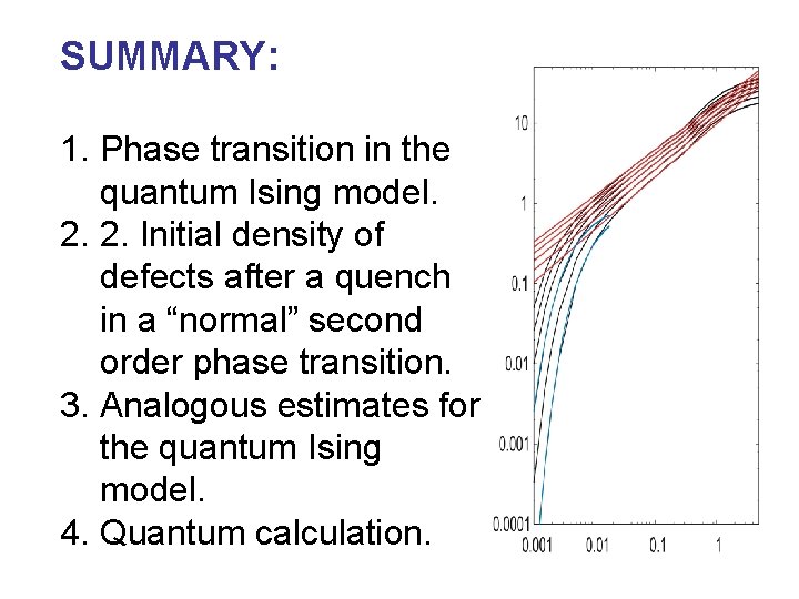 SUMMARY: 1. Phase transition in the quantum Ising model. 2. 2. Initial density of