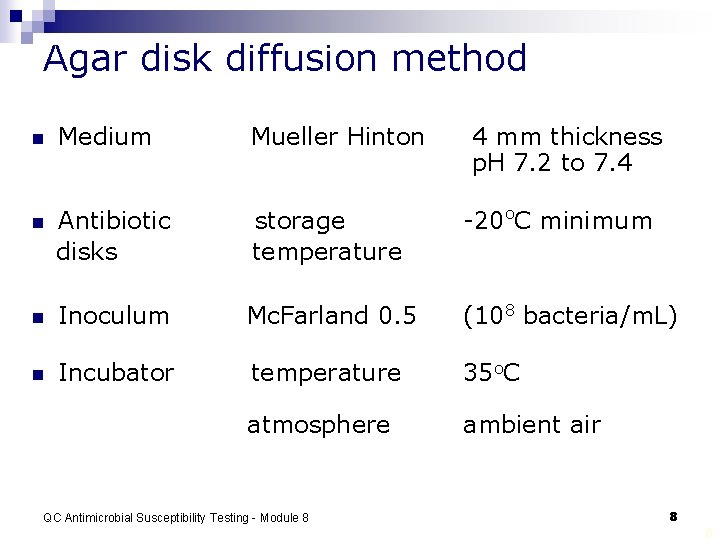 Agar disk diffusion method n Medium Mueller Hinton n Antibiotic disks storage temperature -20