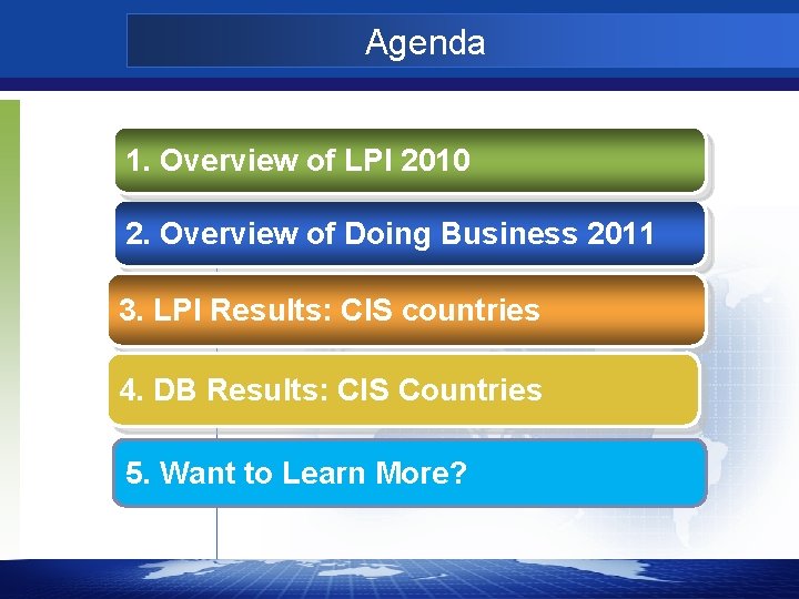 Agenda 1. Overview of LPI 2010 2. Overview of Doing Business 2011 3. LPI
