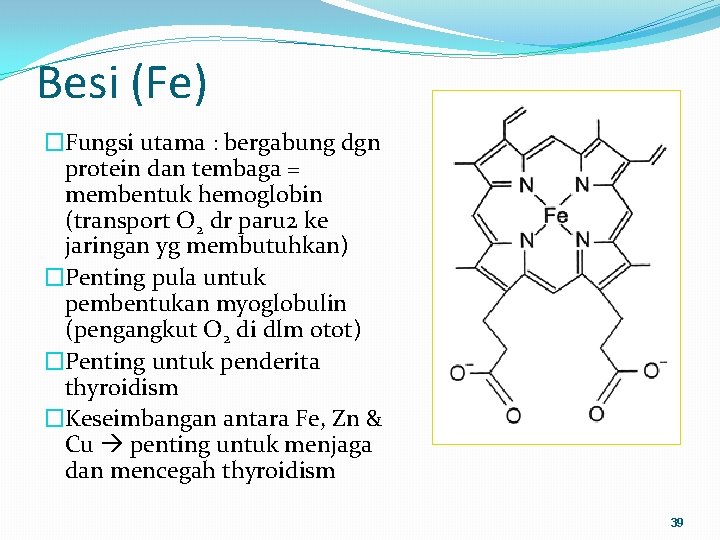 Besi (Fe) �Fungsi utama : bergabung dgn protein dan tembaga = membentuk hemoglobin (transport