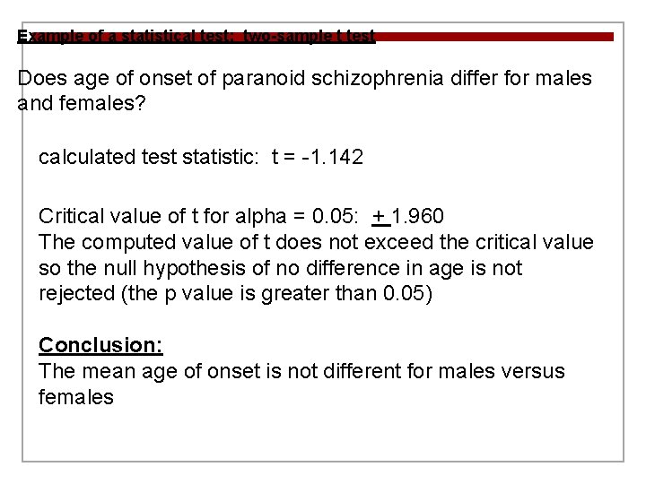 Example of a statistical test: two-sample t test Does age of onset of paranoid