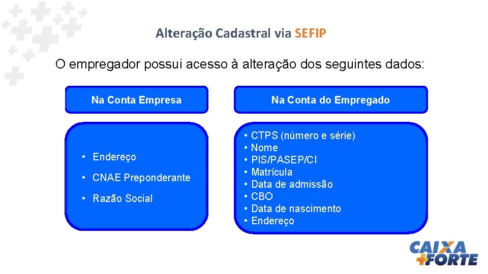 Alteração Cadastral via SEFIP O empregador possui acesso à alteração dos seguintes dados: Na