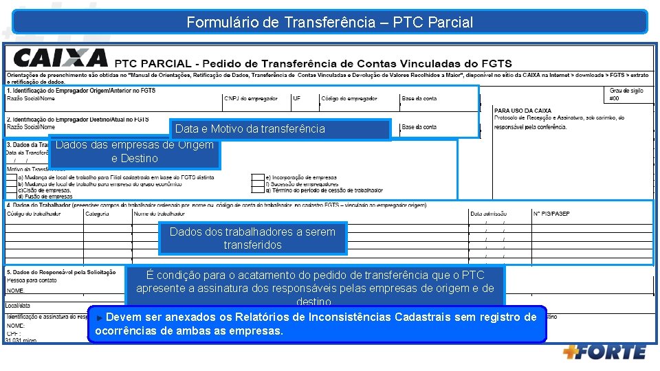 Formulário de Transferência – PTC Parcial Data e Motivo da transferência Dados das empresas
