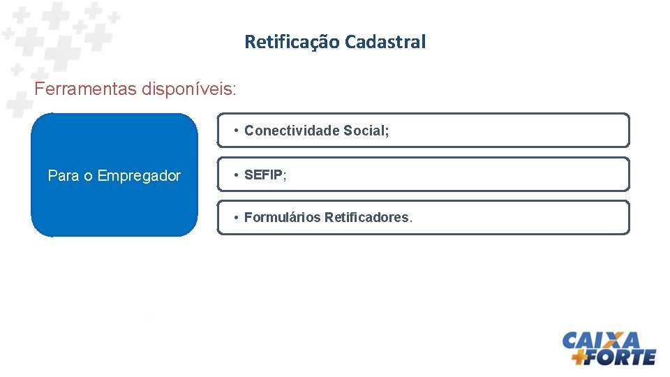 Retificação Cadastral Ferramentas disponíveis: • Conectividade Social; Para o Empregador • SEFIP; • Formulários