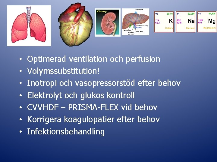  • Optimerad ventilation och perfusion • • • Volymssubstitution! Inotropi och vasopressorstöd efter