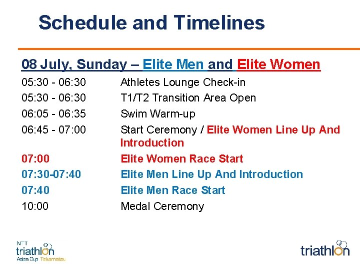Schedule and Timelines 08 July, Sunday – Elite Men and Elite Women 05: 30