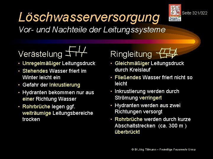 Löschwasserversorgung Seite 321/322 Vor- und Nachteile der Leitungssysteme Verästelung Ringleitung • Unregelmäßiger Leitungsdruck •